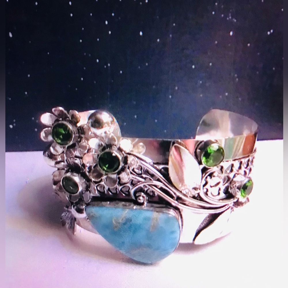 Larimar Peridot Stamped Solid 925 Sterling Silver Cuff Bracelet